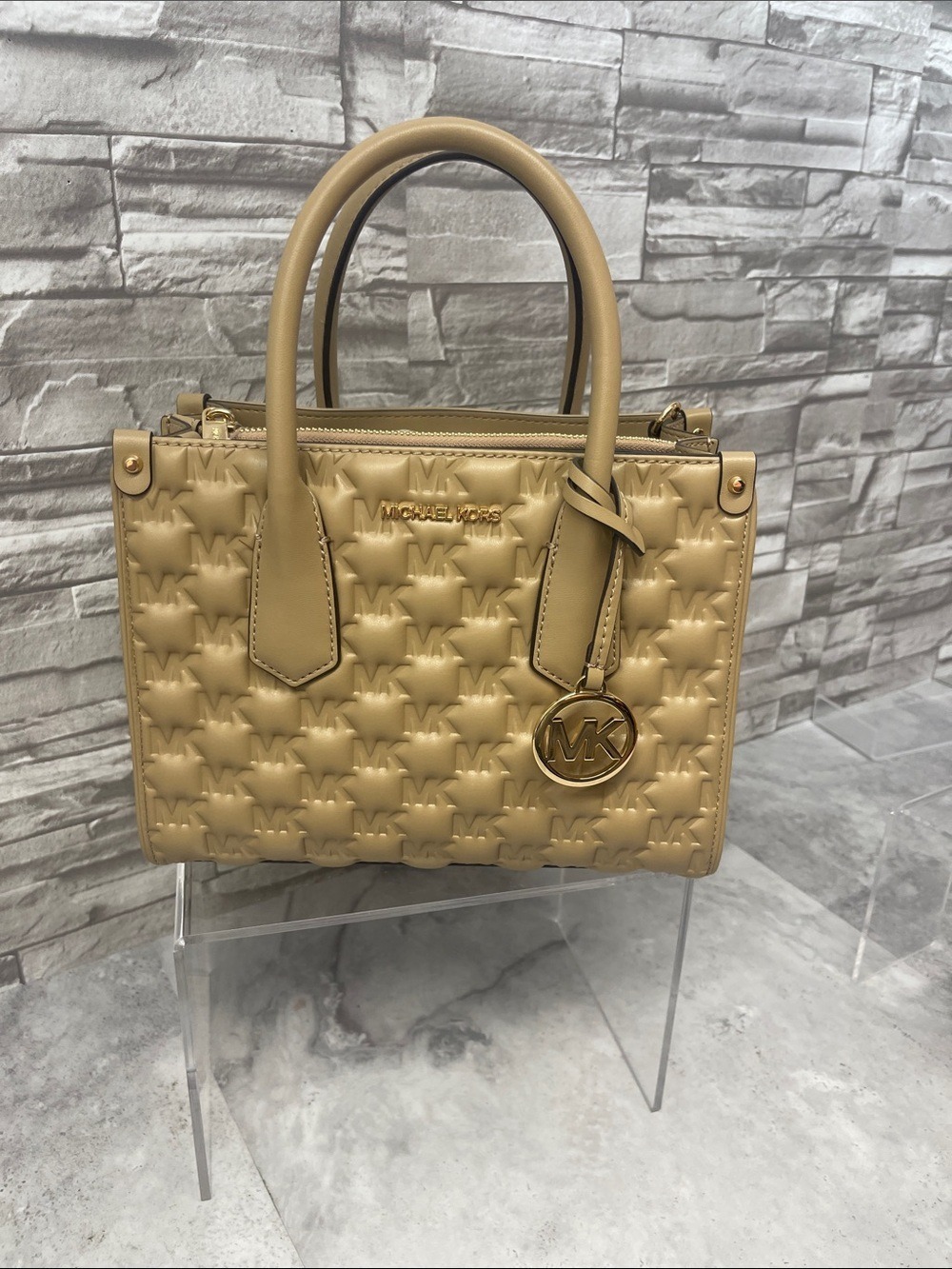 Michael Kors Maple Embossed Puffy Logo Small Satchel & Matching Wallet Camel Tan - Picture 5 of 14
